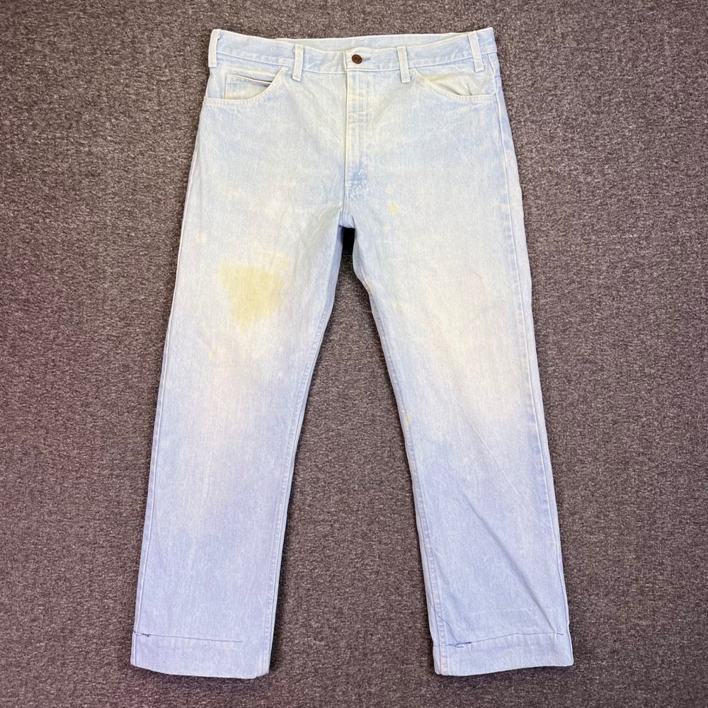VTG 80s JCPenney Plain Pockets Jeans Mens 35x28 Light Wash Workwear Hemmed Retro